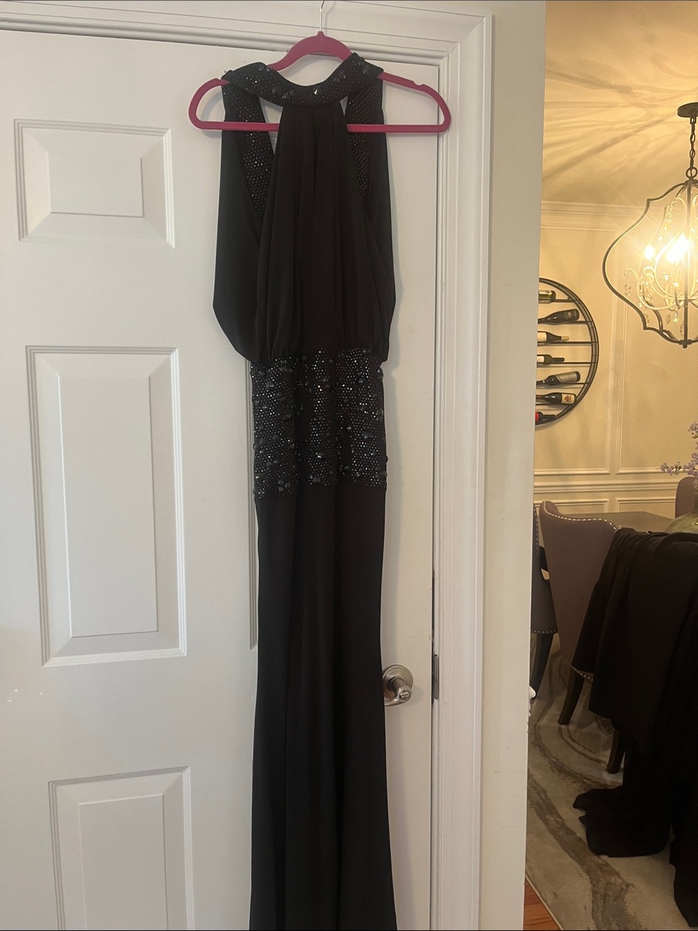 Elegant Black Backless Evening Gown with Beaded Waist